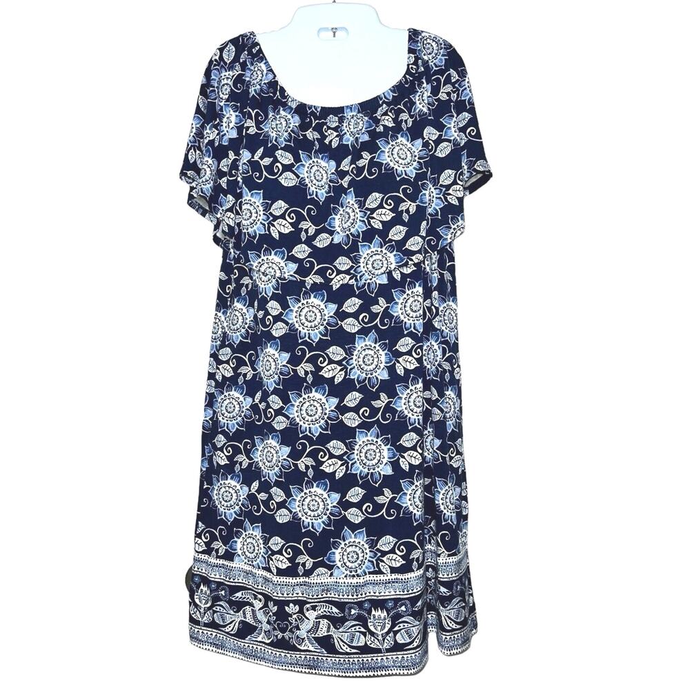J. Jill Dress Size S Blue White Floral Birds Off Shoulder Ruffle Vacation Resort